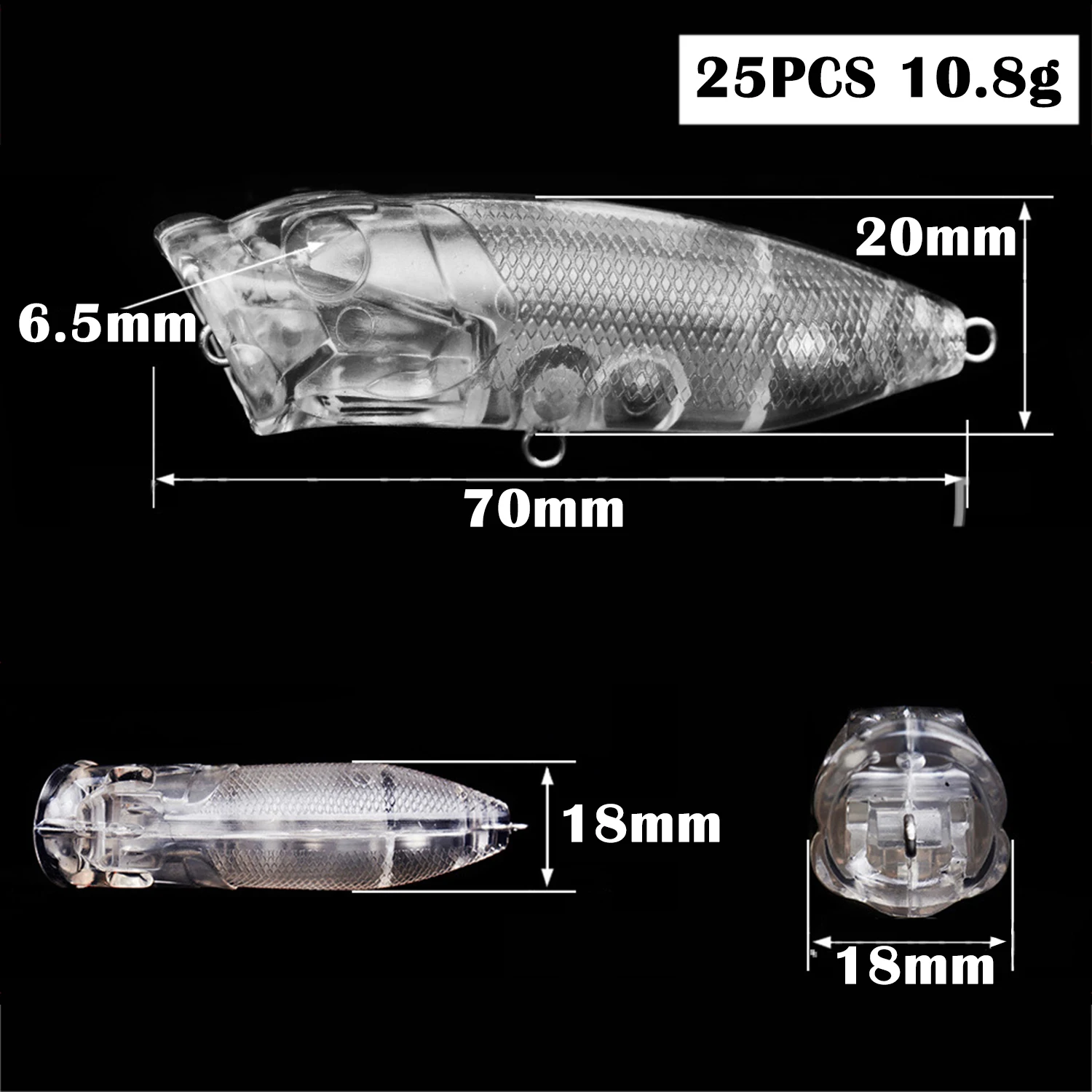 25pcs/Lot Unpainted Baits,Fishing Popper Lures,Clear Plastic Fishbaits,7cm 10.8g DIY Bait Embryo,Blank Hard Lures for Bass/Pike