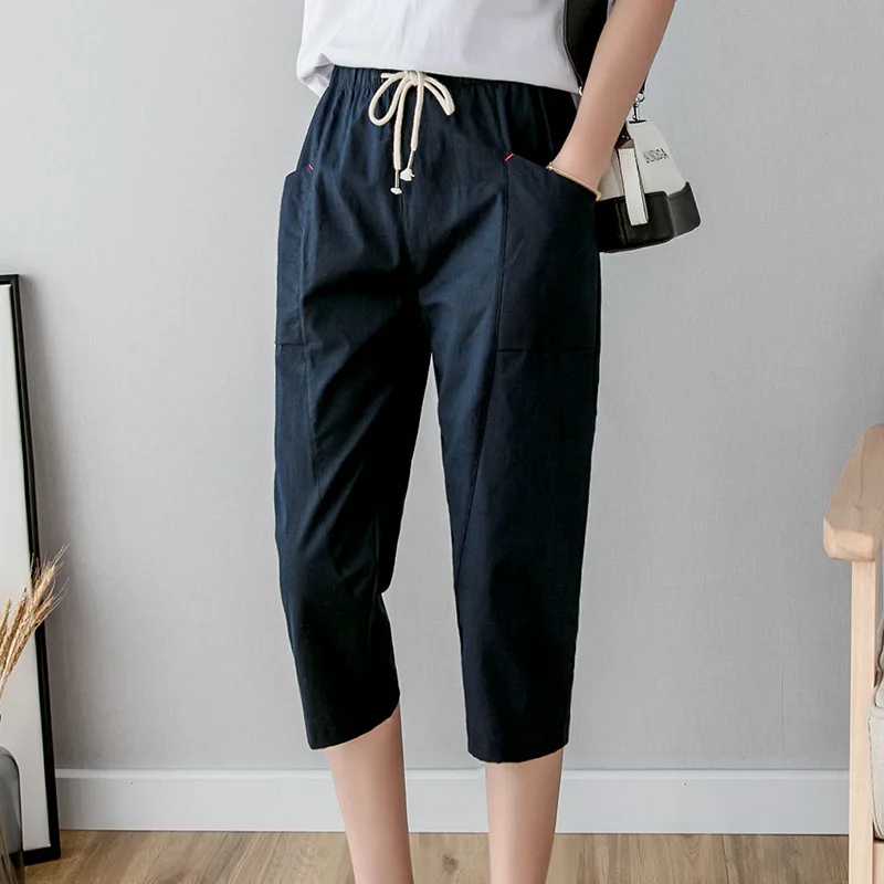 Drawstring Solid Color Elastic Pockets High Waisted Women's Clothing Straight Pencil Spring Summer Office Lady Capri Pants