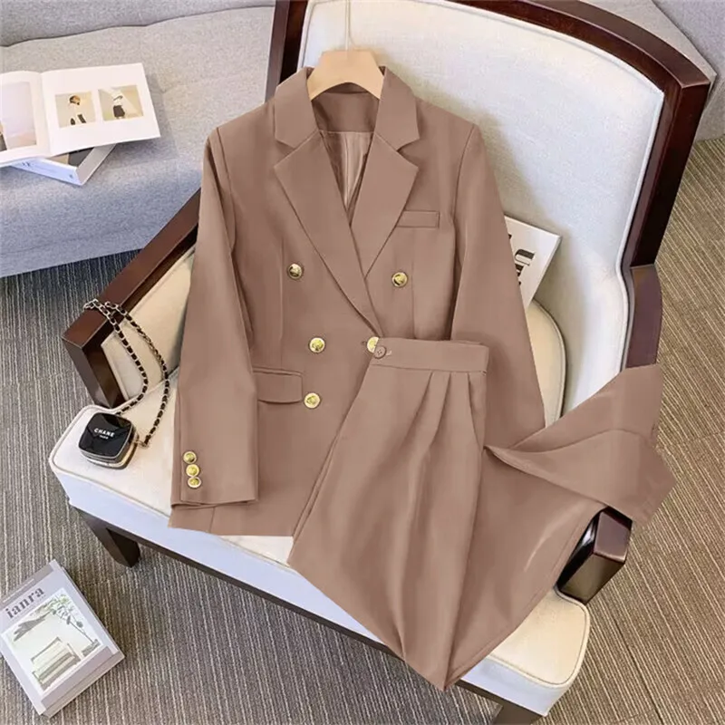 2023 Women Slim Blazer Trousers Pocket Pantsuit Office Lady Wear Casual Chic Suits Jacket Femme High Waist Straight Pants Set