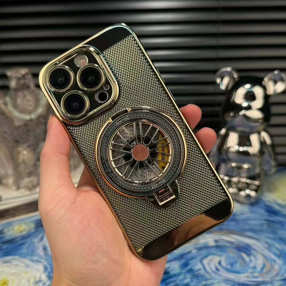 Luxuriöse Galvanisierte Handyhülle für iPhone 11 12 13 14 15 16 17 Pro Max mit Drehständer, Netzdesign zur Wärmeableitung und Linsenschutz
