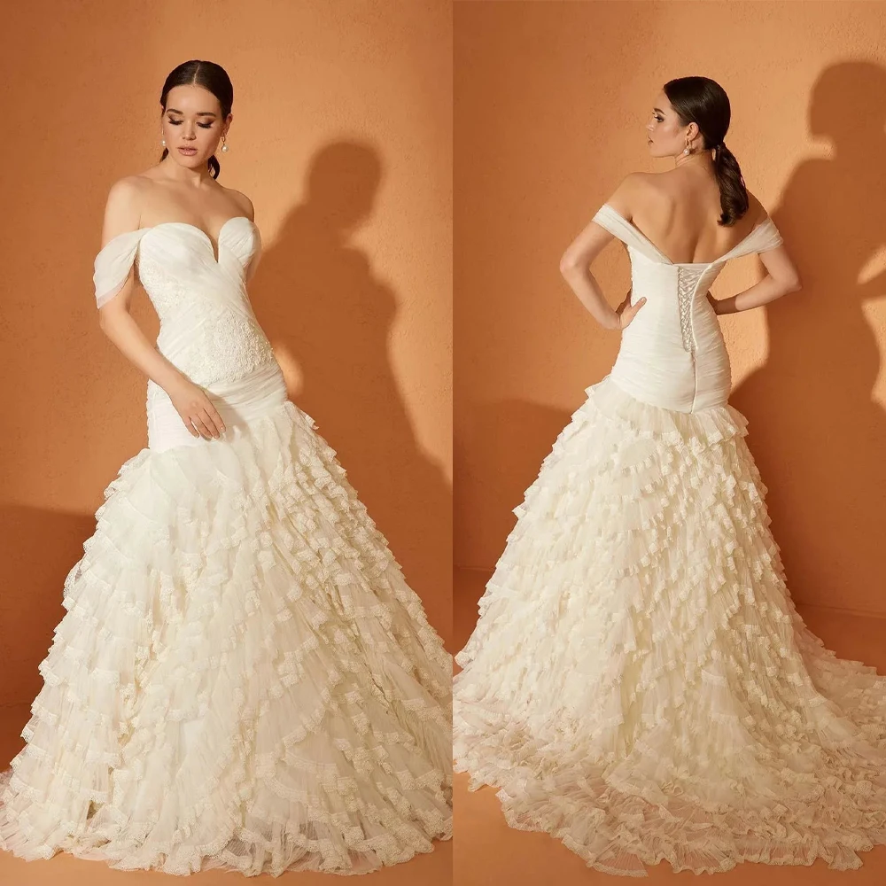 Romantic Off Shoulder Sweetheart Lace Mermaid Wedding Dress with Tiered Ruffle Tulle Skirt and Corset Custom Made D261682