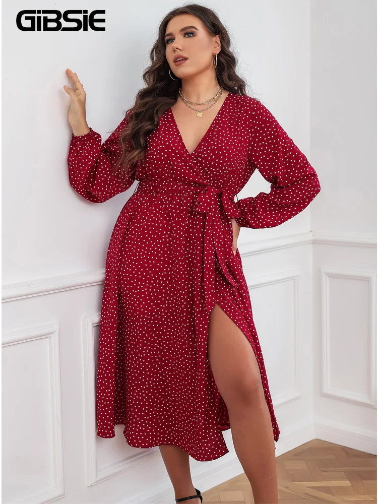 GIBSIE Plus Size Polka Dot V-neck Belted Dress 4xl 3xl Women Spring Summer Boho A-line Split Long Dresses Holiday Sexy Vestidos