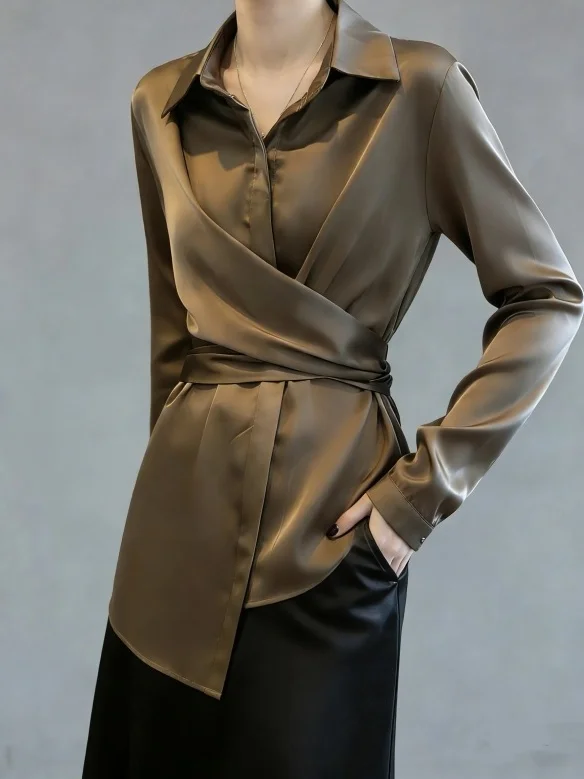 

Elegant Acetate Satin Long Sleeve Shirt Women's plus Size Fitted Waist Shoulder Length Korean Style Commute Wind Spring New A...