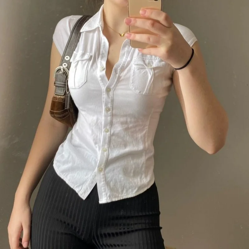 Fashion Sweet Young Style Design Exposed Navel Spicy Girl Shirt Women Solid Lapel Button Patchwork Pocket Slim Short Sleeved Top