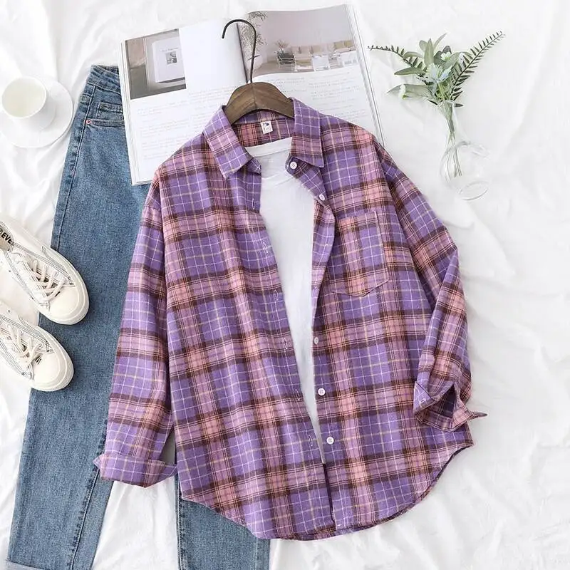 Elegante Vrouwen Plaid Shirt 2024 Nieuwe Dames Grote Maat Casual Losse Lange Mouw Blouse & Tops Vrouwelijke Revers Gecontroleerd kleding