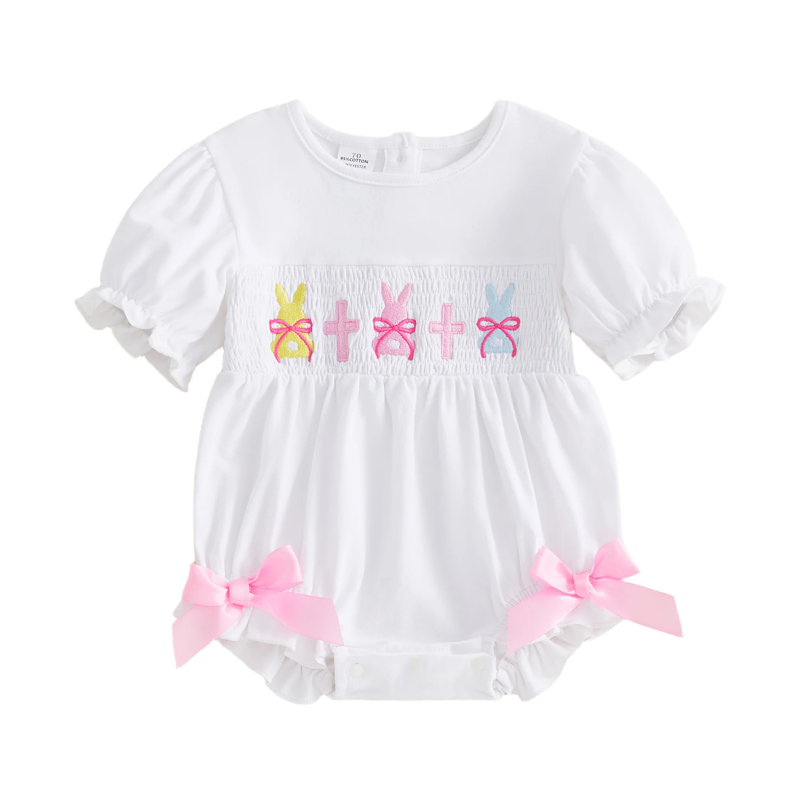 

Очаровательный пасхальный комбинезон для маленьких девочек с пышными рукавами, круглым вырезом, вышивкой в виде кролика и бантом, комбинезон на весну