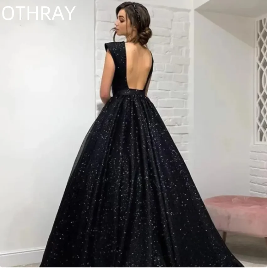 Тюлевое платье длиной до пола с v-образным вырезом Vestidos De Festa для выпускного вечера Элегантное черное сексуальное блестящее вечернее платье трапециевидной формы без рукавов с пайетками