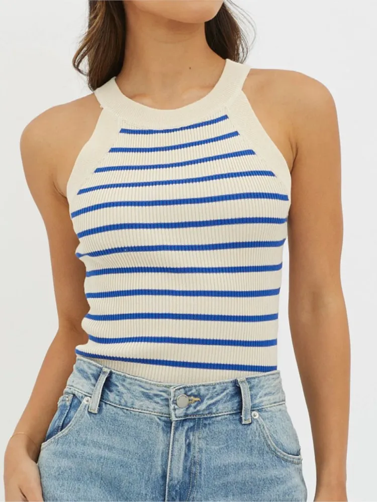 

Sexy Sleeveless Striped Top With Knitted Vest Women Contrast Color All-match Casual Commuting Temperament Simple Style Trendy