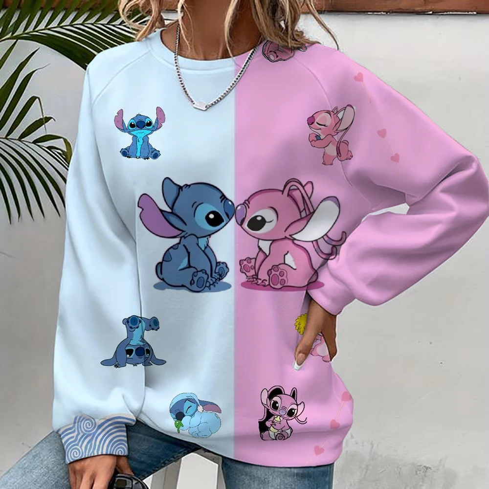 Felpa con cappuccio moda donna Disney Stitch stampa Moda Autunno Quotidiano Manica lunga Girocollo Pullover allentato Cartoon Boho Style Sweatsh