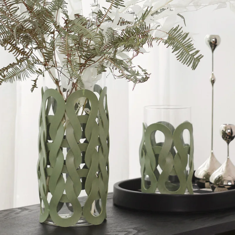 Modern light luxury leather woven pattern straight glass vase,  dining room desktop decoration flower ware