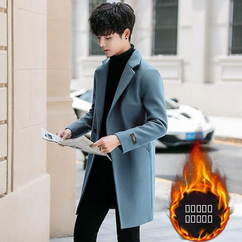 

2024 Winter Men's Woolen Coat Thiened Cotton Added Mid-Length Korean Sle Faionable Men's Outerwear Travel Suitable