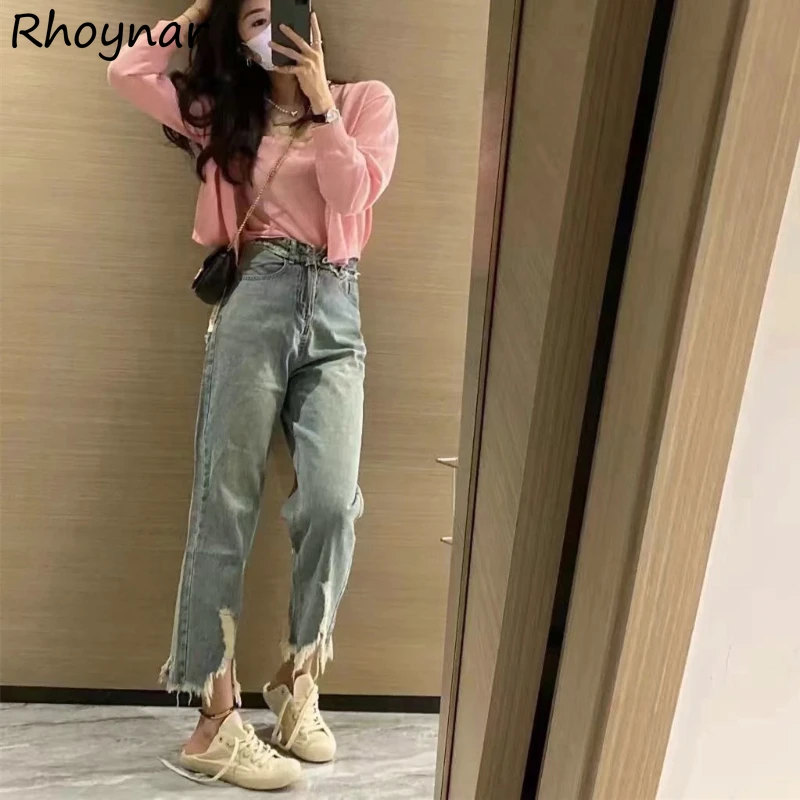 

Solid Jeans Women Spring Girls Irregular Fur-lined Straight High Waist Slender Vintage Ripped Ankle-length Korean Style Trendy