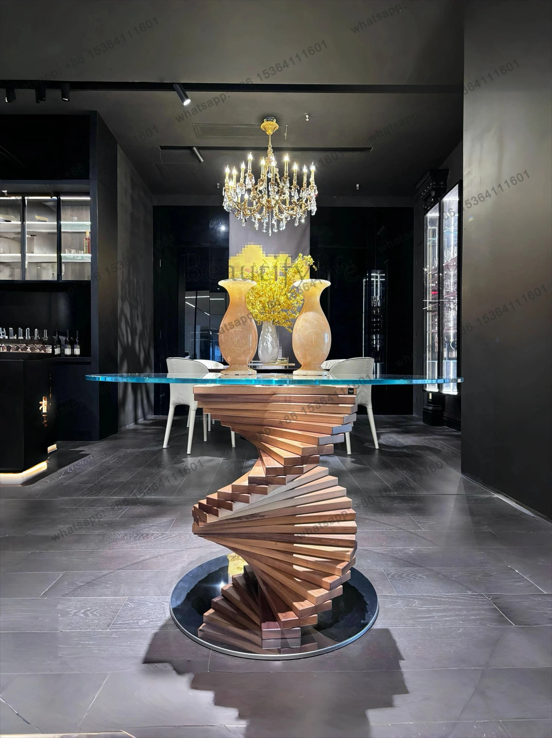 

Italian retro arc design tempered glass round table light luxury special-shaped ash solid wood rotating ladder dining table