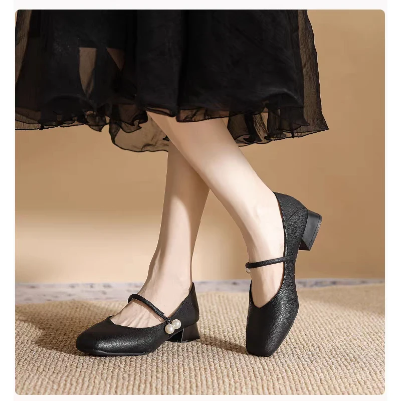 

Женские туфли Мэри Джейн с жемчугом 2026 года, с квадратным носком, на массивном каблуке, удобные повседневные офисные туфли на низком каблуке с Т-образным ремешком для женщин