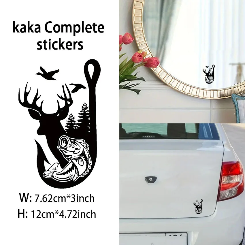 Deer Fish Tree Scene on Fishing Hook Decal, Unique Cute And Waterproof Vinyl Stickers for Laptop, Cars, Motorcycles, Car Window