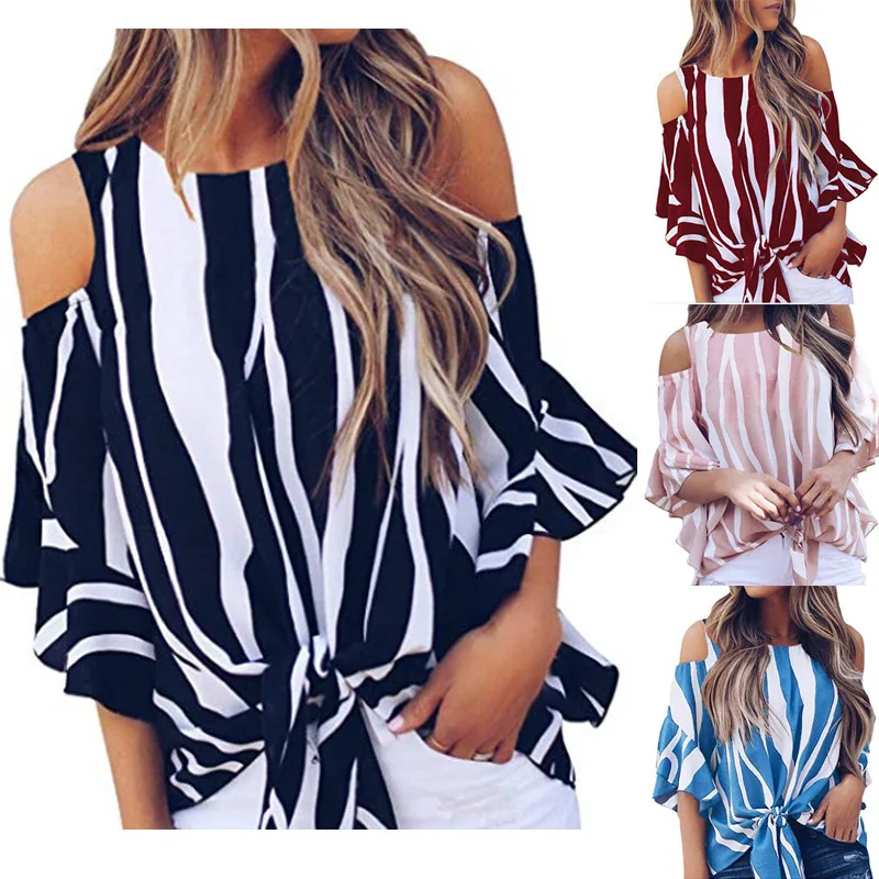 

Summer Women's T Shirt Beach Style Black And White Stripe Print Harajuku Off Shoulder Lace Up Decorative Flare Sleeve Tees Tops