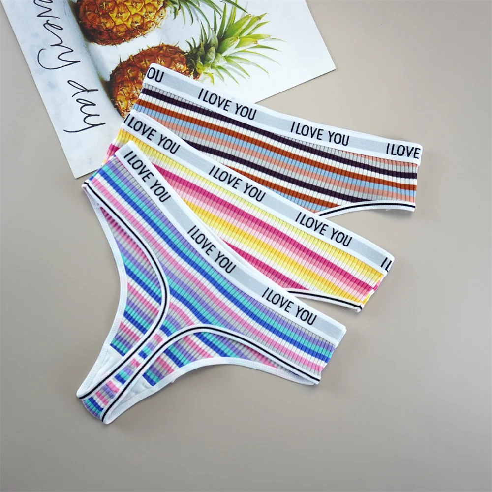 3pcs Rainbow Striped Women's Panties Seamless Ribbed Cotton Thongs Letters Waist Underpants Comfortable G-Strings Cozy Lingerie