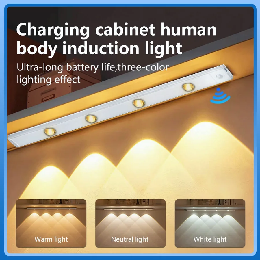 

20/30/40/50cm USB Rechargeable Motion Sensor LED Cabinet Night Light For Wine Cabinet Kitchen Wardrobe Stairs 3 Colors Dimmable