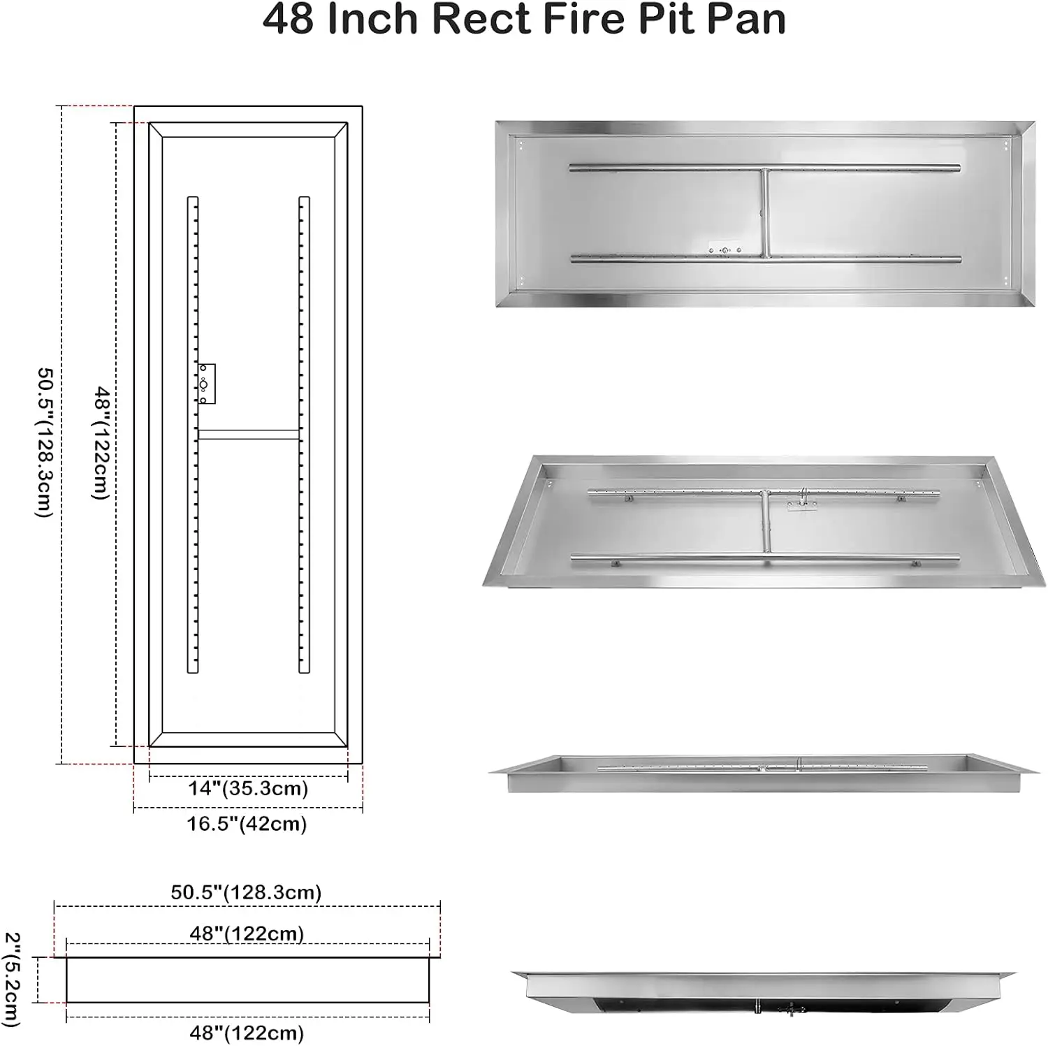 Outdoor DIY Fire Table Gas Fire Pit Insert, Rectangle, 304 Stainless Steel, Max 185,000 BTU view 2