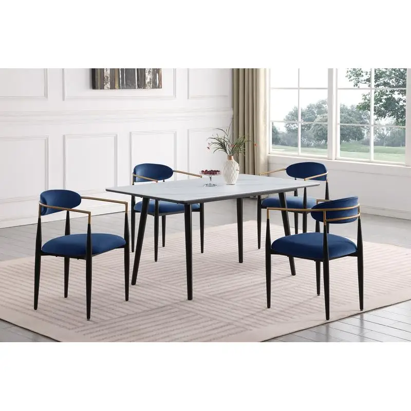 

5-Piece Modern Dining Set with White Sintered Stone Table and Blue Upholstered Chairs - Stylish Furniture for Contemporary
