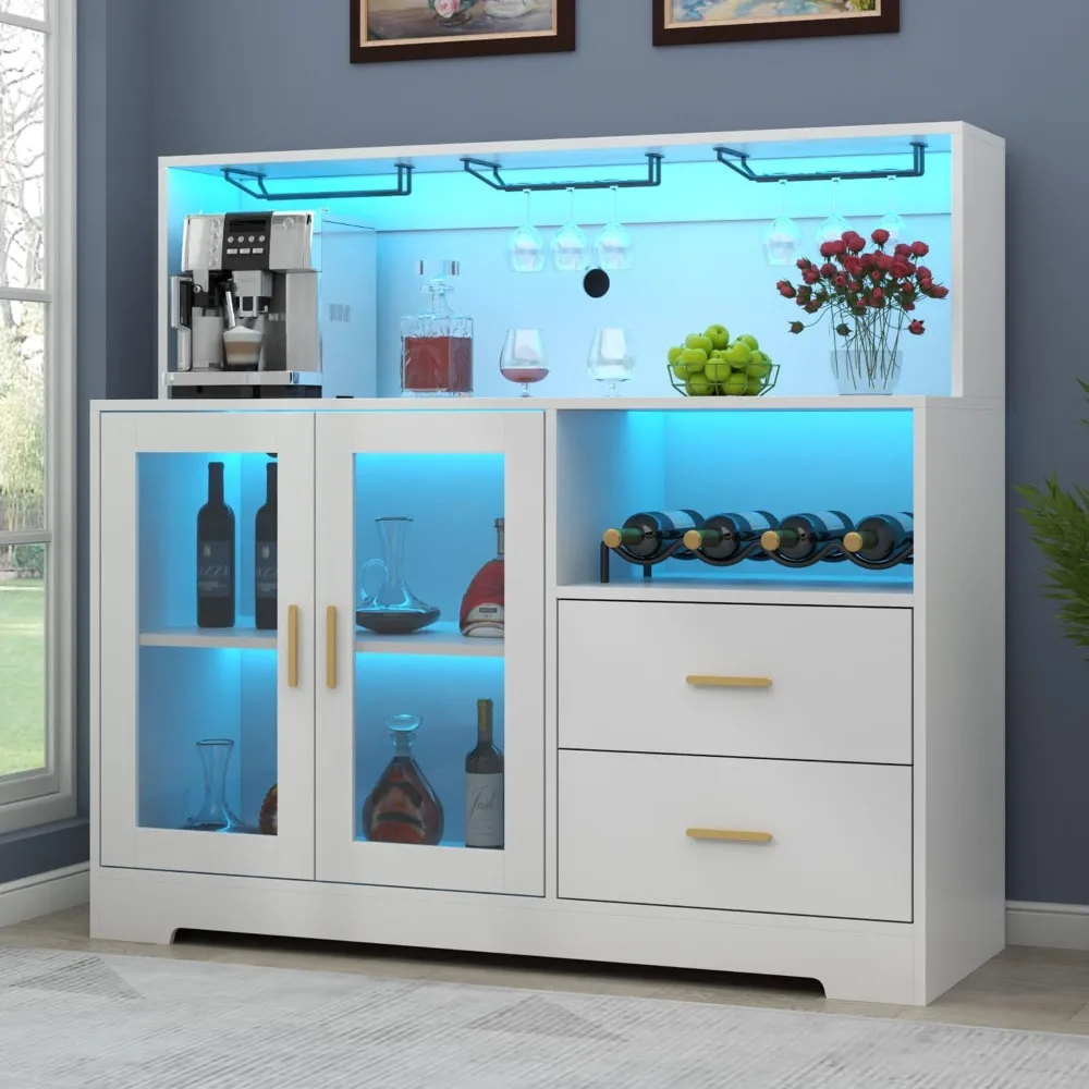 Wine Bar Cabinet with LED Light, Home Coffee Bar Cabinet with Wine & Glass Rack, Buffet Sideboard with Drawers & Microwave Stand