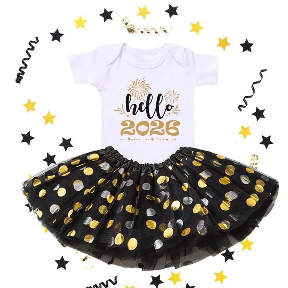 

Hello 2026 Print 2 Piece Baby Girls Bodysuit Dress Set New Year Girl Short Sleeve Romper + Tutu Skirt Infant Dresses Set Outfit