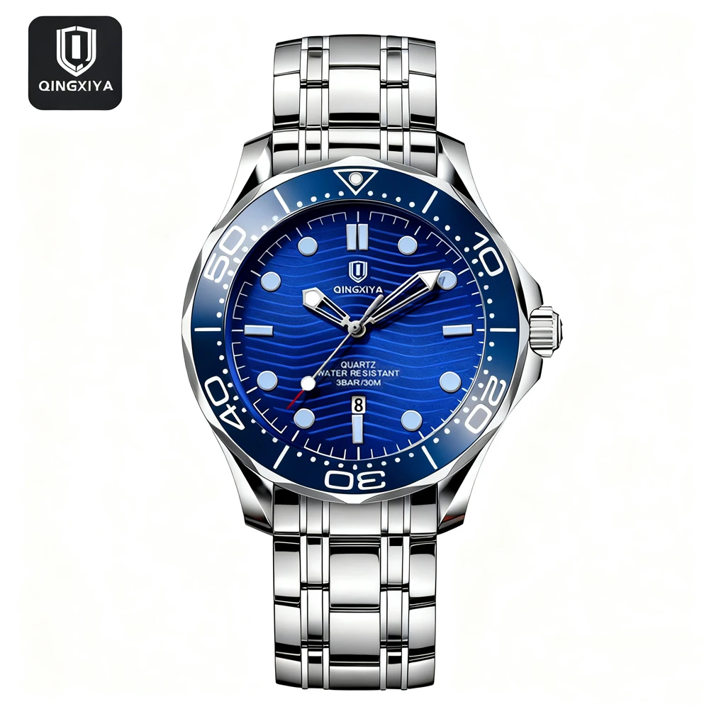 

QINGXIYA новые повседневные модные кварцевые часы серии Horse для мужчин, роскошные вращающиеся мужские часы из нержавеющей стали со светящимся безелем и датой