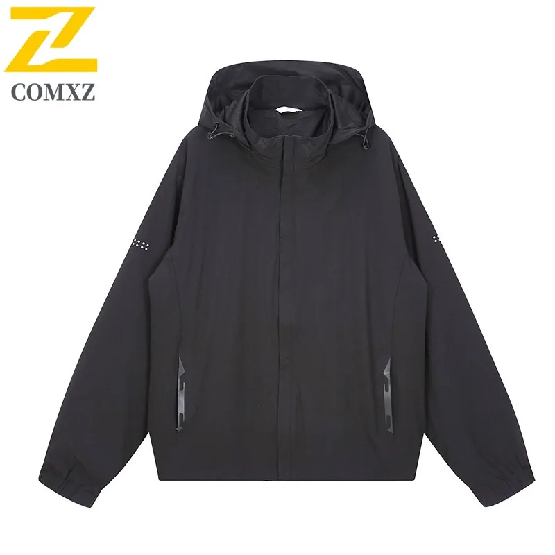 

COMXZ Men Jacket Classic Solid Color Hooded Collar Outdoor Camping Windproof Coat Casual Adventure Lightweight Autumn Wear