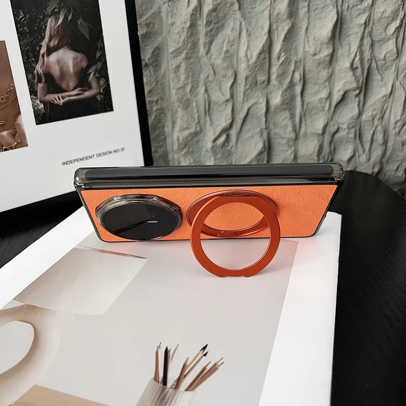 

For Honor Magic V5, V3 Magnetic Case ELVEV Vintage PU Leather Hard PC Rotating Bracket Phone Cover