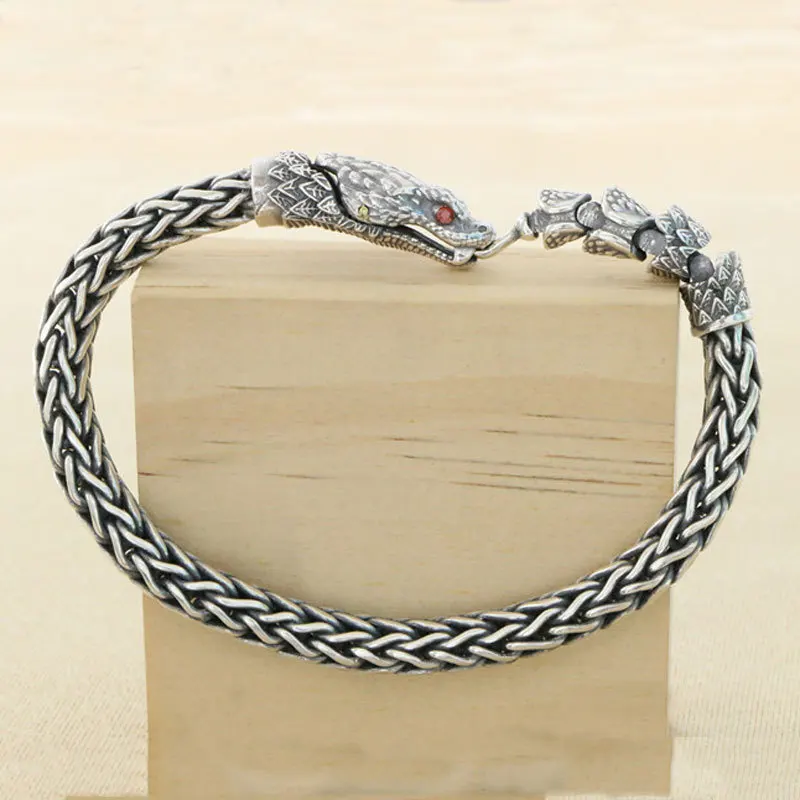 

Handwoven Thai silver bracelet for men with a sense of luxury, niche design, personality, Medusa, rattlesnake, hip-hop, and domi