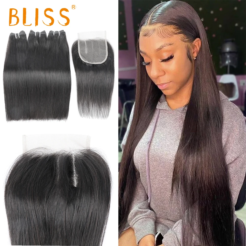 Bliss Straight Cabelo Humano Pacotes 100% Cabelo Humano Lace Weave Pacotes com Encerramento Reto 1/3/4 Pcs/Lot Extensão Do Cabelo Virgem