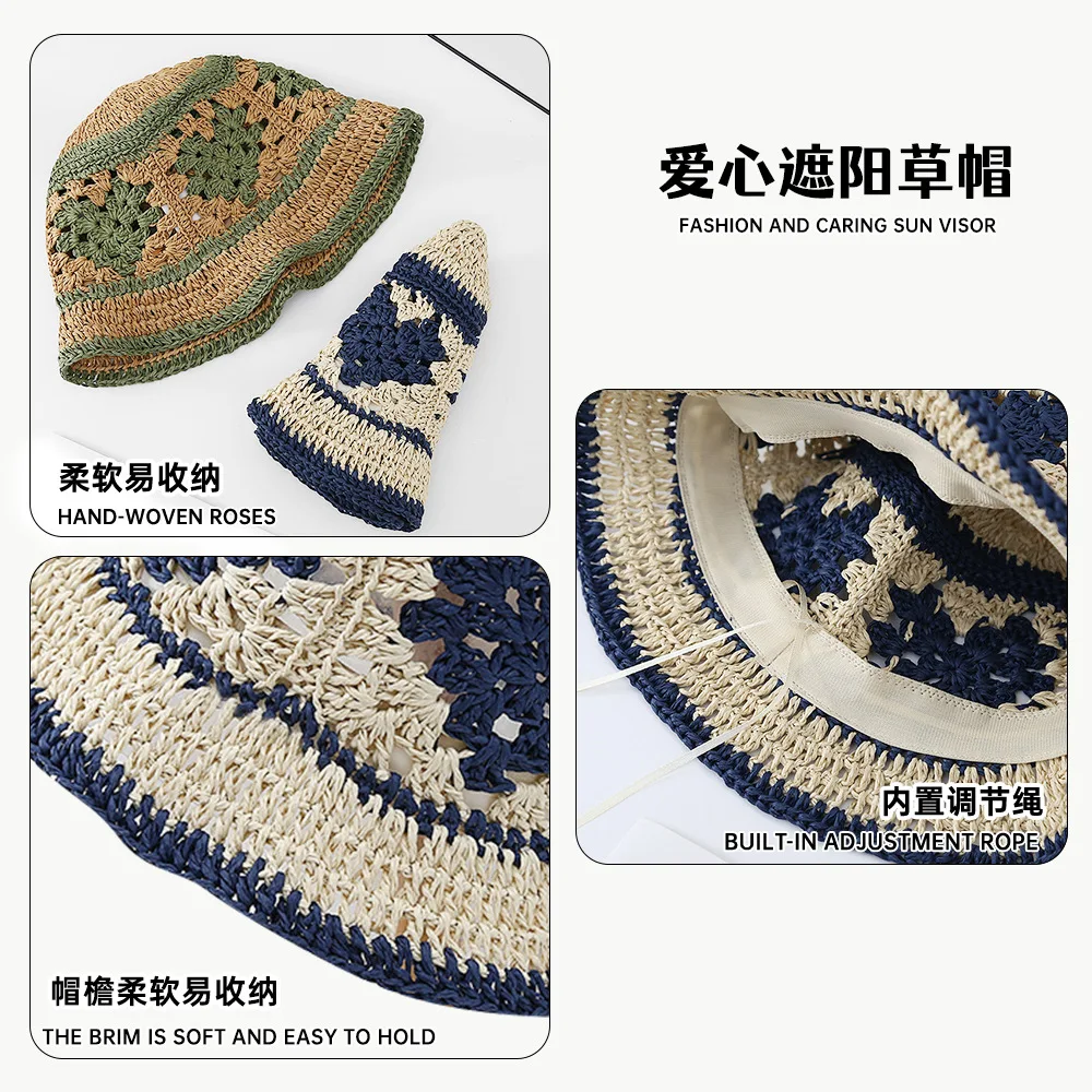 Spring/Summer Korean Sweet Versatile Woven Hollow Heart Straw Hat for Women Breathable Beach Sunscreen Fisherman Hat - view 4