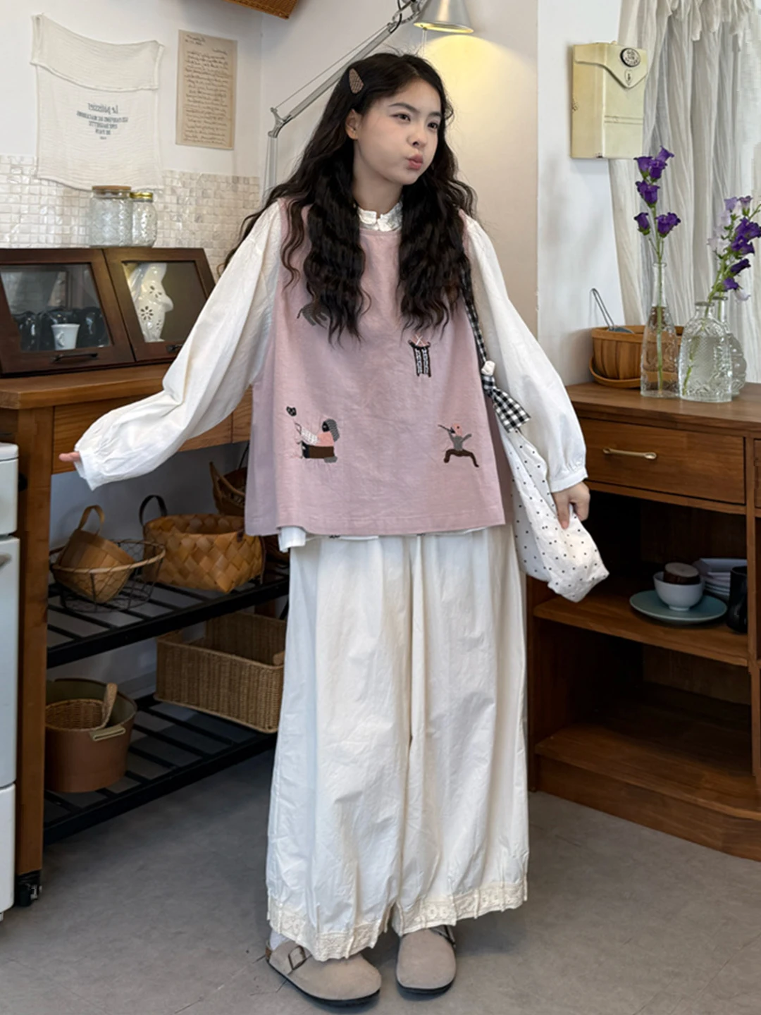 

plus Size Spring Faion Set Casual Loose Long Sve Cartoon Vest Pants Tee Piece Suit High Waist Polyester Cotton Blend