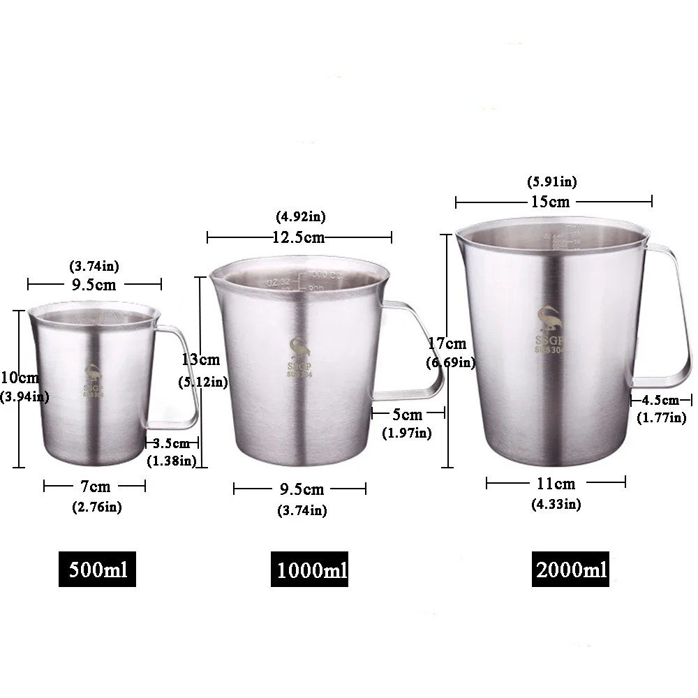 Measuring Cup with Scale Thick Stainless Steel 304 2000ml 1000ml 500ml Kitchen Baking Tea Large Capacity Baking Supplies