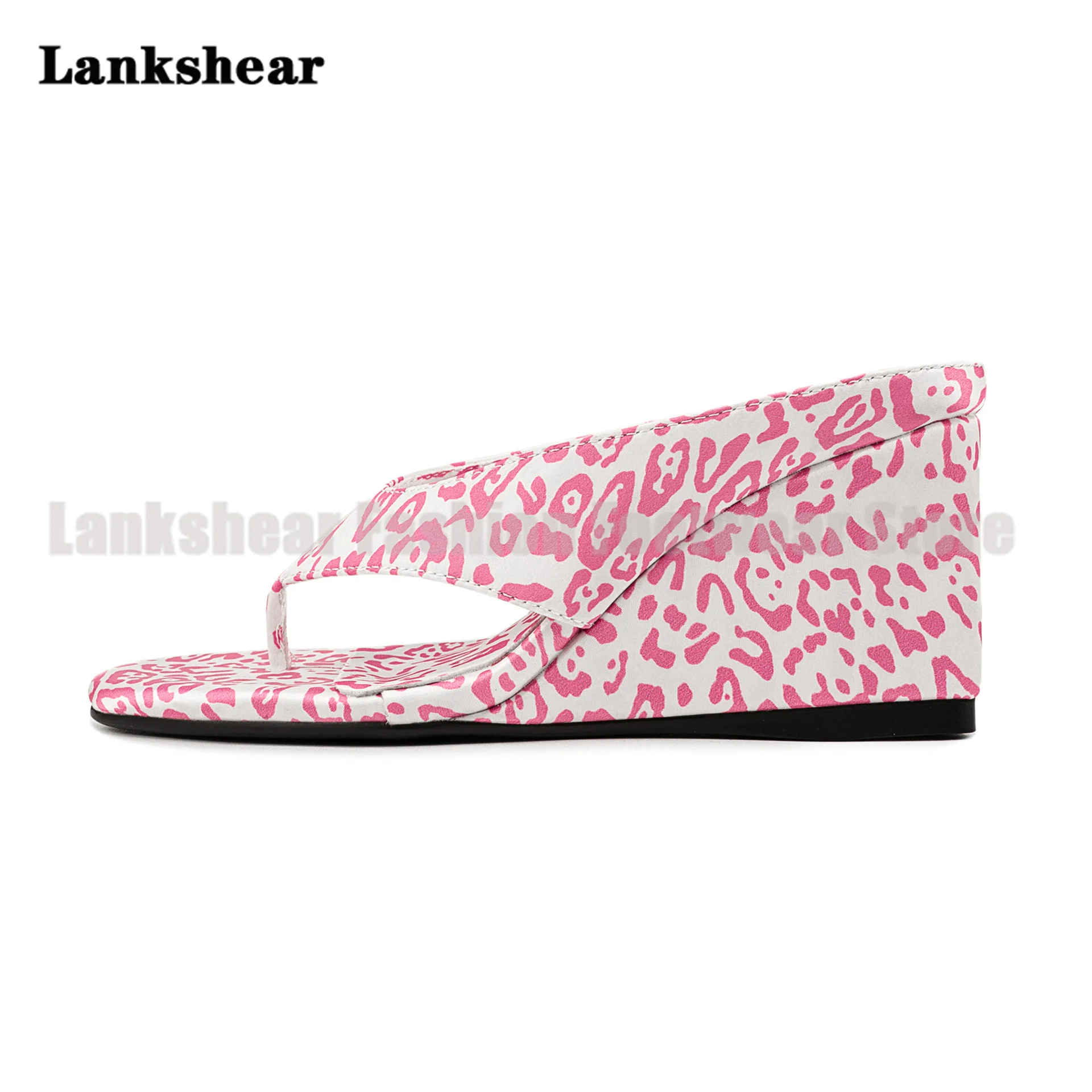 

Leopard Print Flip Flops for Women Wedges Heeled Slippers Summer Round Toe Slip-On Luxury Designer Sandalias De Mujer Verano