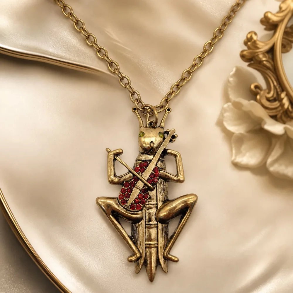 Retro Distressed Cricket Violin Long Necklace Sweater Chain Cricket Pendant Necklace 0318