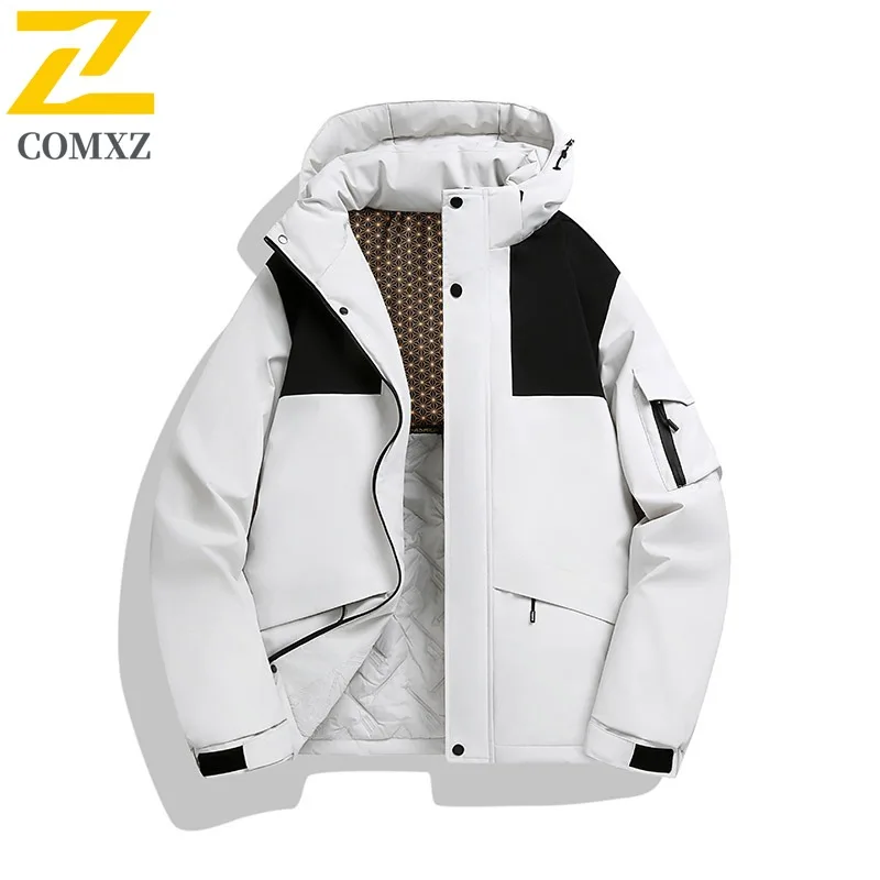 

COMXZ 2025 High Quality Broken Card Fabric Color Block Hooded Cotton Jacket Men Level 4 Waterproof Parka Winter Couple Coat