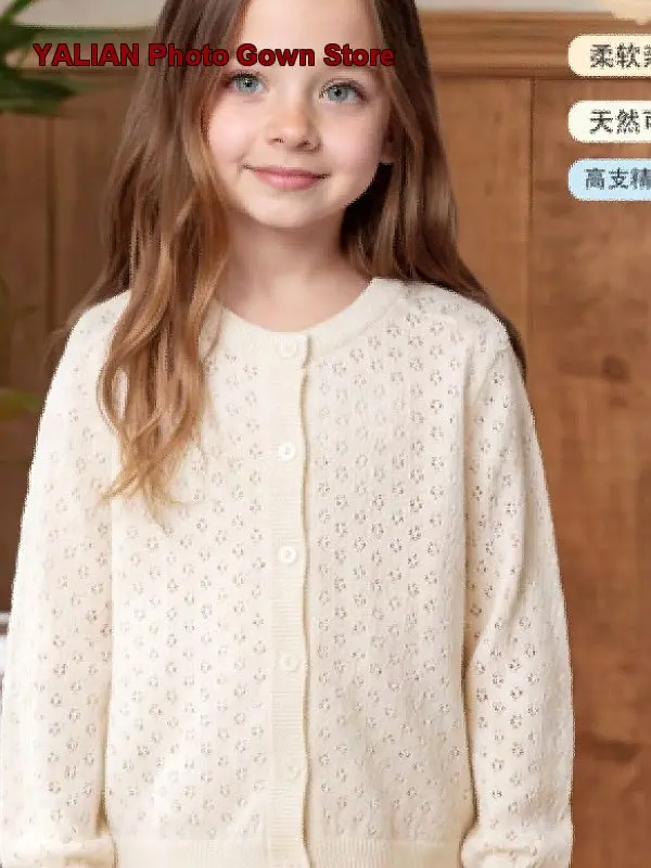 Girls Cardigan Kids Spring Summer Thin Tencel Hollow Out Knit Top Little Girls Air-Conditioning Shirt