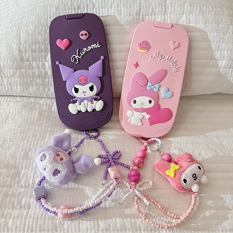 Kawaii Filp Telephone Kuromi Mirror Phone Case for iPhone 15 14 13 12 Pro Max Sanrio Anime Cute Protective Cover with Bracelet