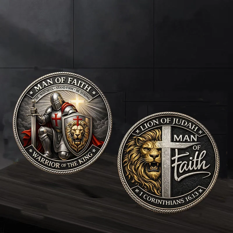 Carved Lion Knight Round Double Commemorative Coin Double-sided Embossed Plated Coins Collectible Art Gift
