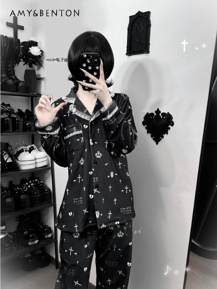 

Subculture Cross Gothic Cartoon Print Dark Girl Pajamas Women Winter Thickened Warm Comfortable Island Fleece Loungewear Sets