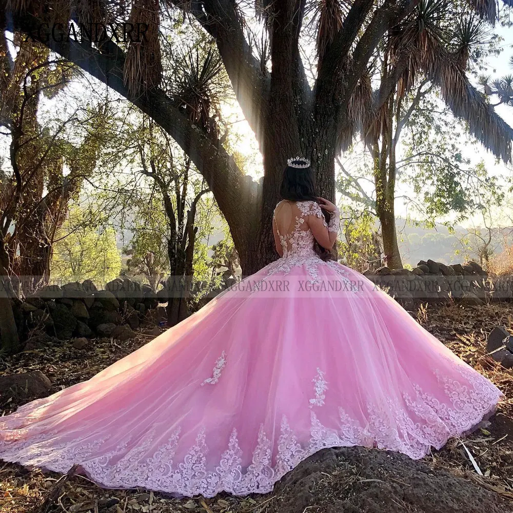 فستان جميل Quinceanera 2024 رقبة O وأكمام طويلة دانتيل مزين بالزهور حلو 15 16 سنة حفلة عيد ميلاد