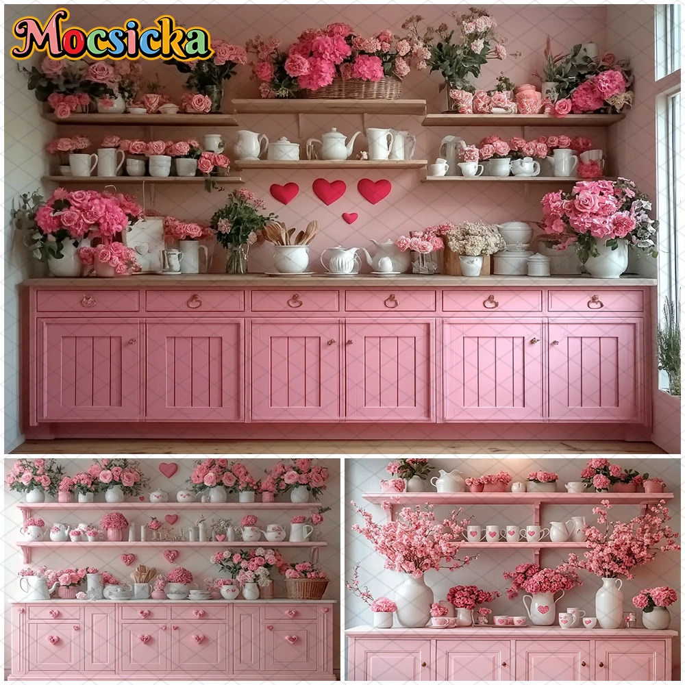 

Mocsicka Valentine's Day Backdrop Love Pink Kitchen Cabinets Rose Flower Decoration Wedding Photography Background Studio Banner