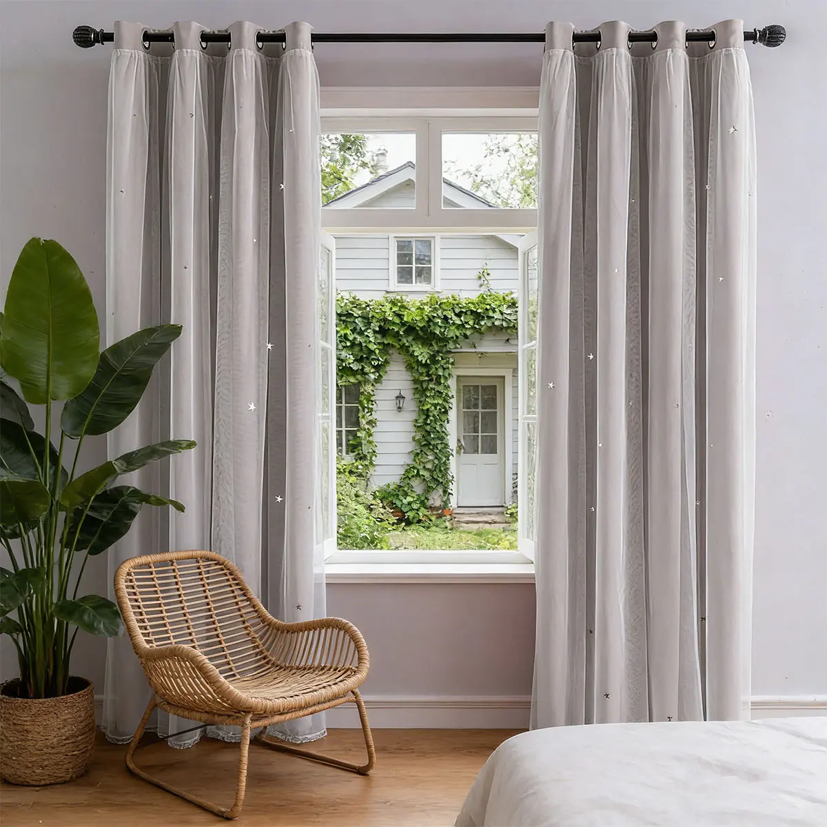 Grey Star Double Layer Grommet Curtain, Hollow Blackout Sheer Drape for Universal Bedroom Minimalist Balcony Decor