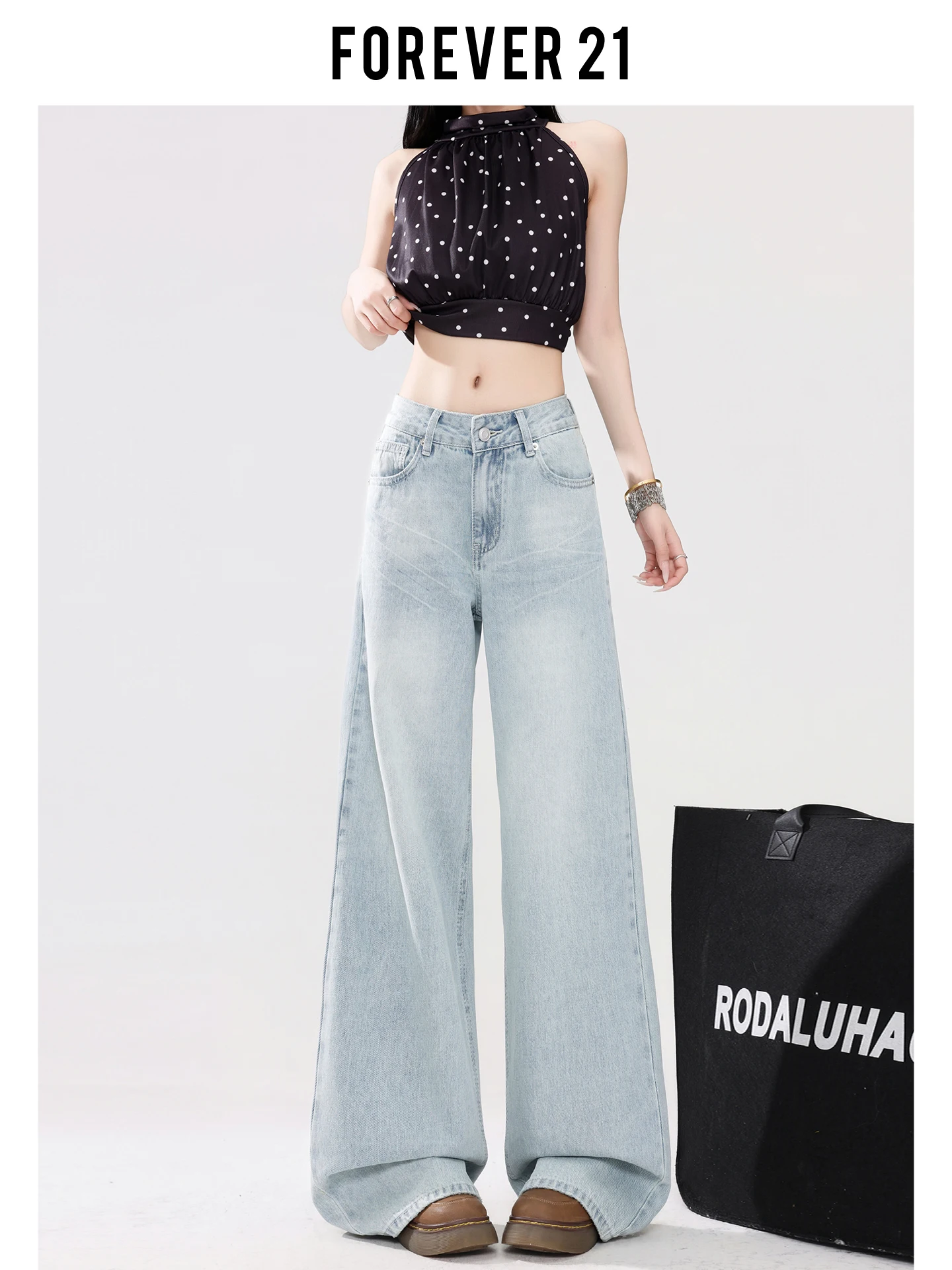 Jeans Anchos de Corte Holgado Forever 21 para Mujer, Cintura Baja, Rectos, Azules, Casuales, de Mezclilla