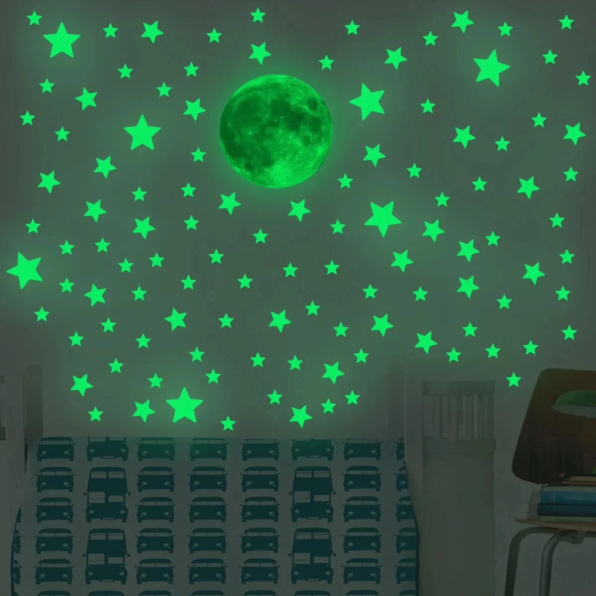 Green star glow-in-the-dark stickers with moon 333 glow-in-the-dark star wall stickers glow-in-the-dark star moon stickers