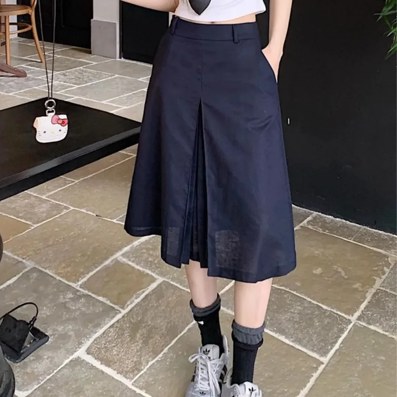 Women Summer High Waist A Line Cotton Linen Pleated Midi Skirt Slim Hide Belly Daily Outfit S-XXL