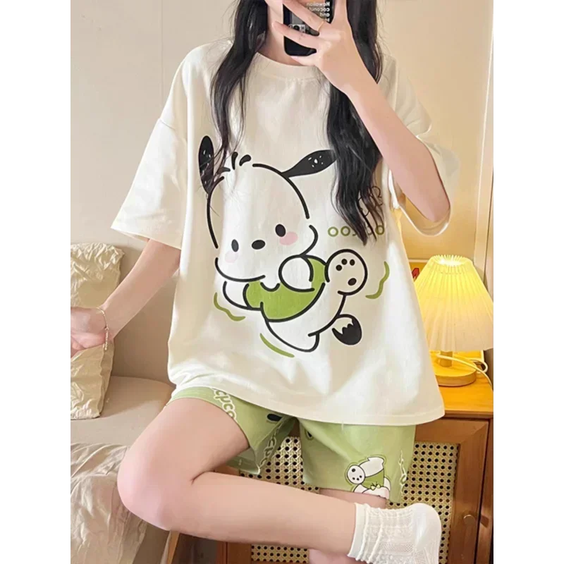 Sanrio pacha cão outono algodão novas calças de manga curta de três peças pijamas femininos de seda conjunto loungewear feminino