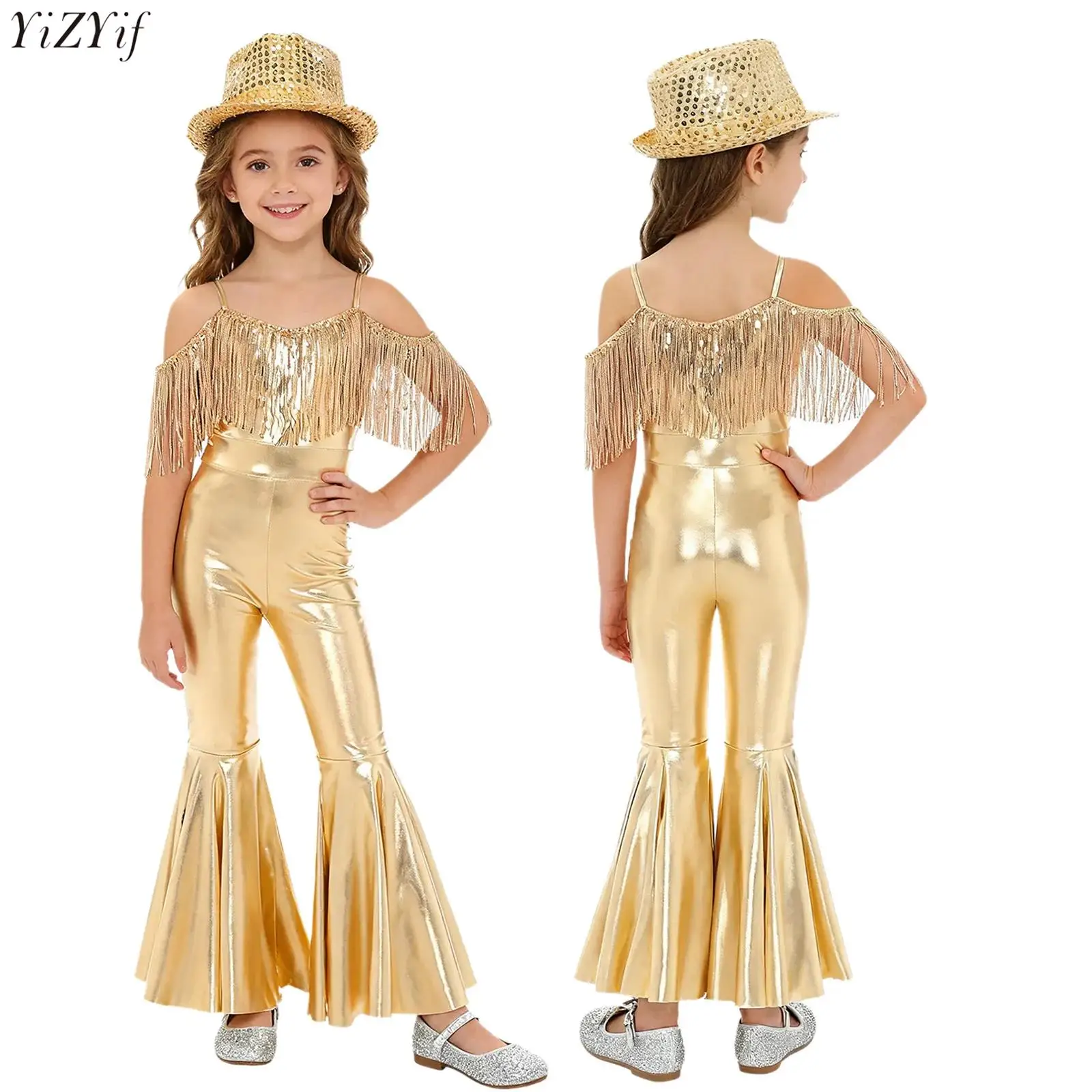 

Girls Tassels Prom Flare Jumpsuit Party Costume 80s Jazz Dance Disco Outfit 70s Sleeveless Sequins Kid Shiny Hippie Unitard