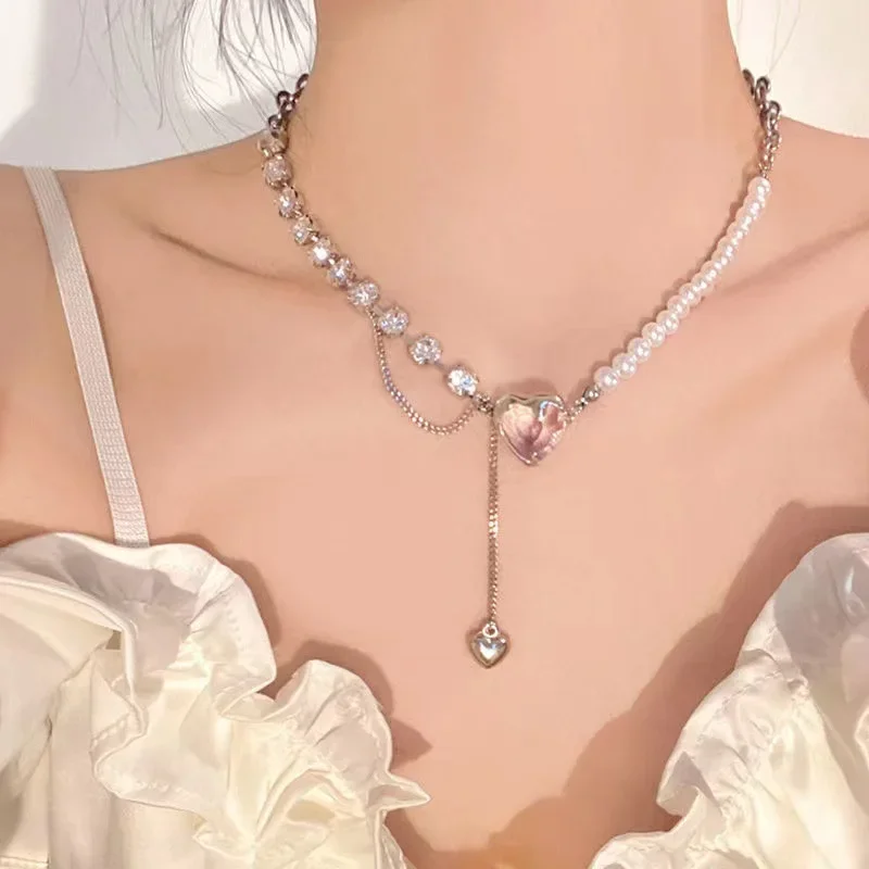 Pink Love Necklace Simulate Pearl Beads Pendant Chain Choker Light Luxury Clavicle Chain Korean Fashion Bridal Jewelry